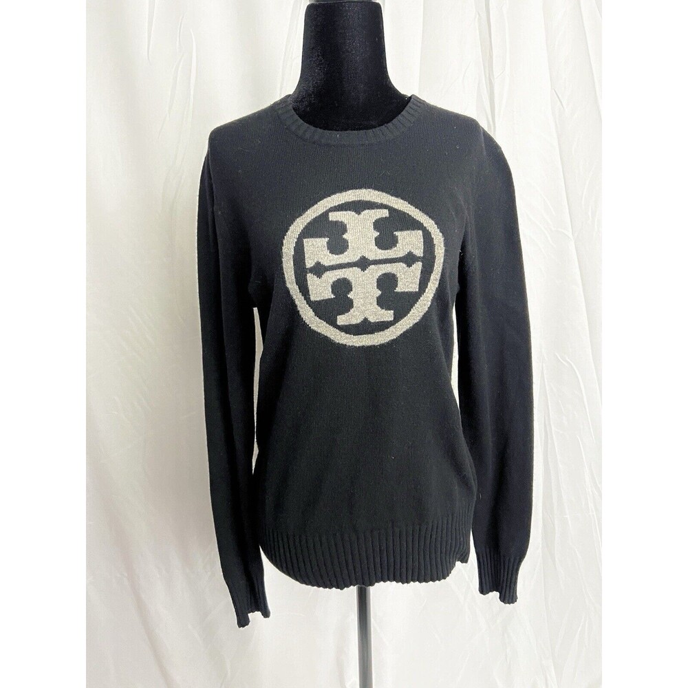Tory Burch Black 100% Cashmere Long Sleeve Front Logo Gold Zip Sweater Size M